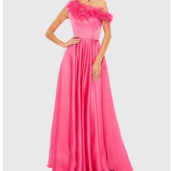 Mac Duggal One-Shoulder Pink Dress with Feather Accent